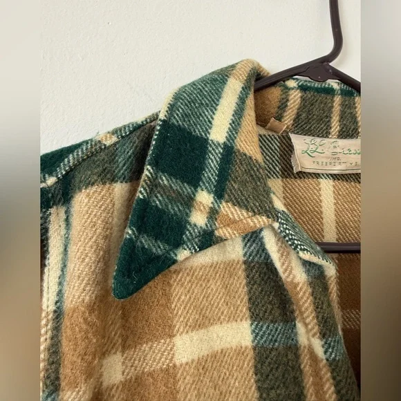 Vintage 60’s Men’s M L.L. Bean Wool Plaid Shirt Jacket Freeport Maine Tan Green - Picture 3 of 16